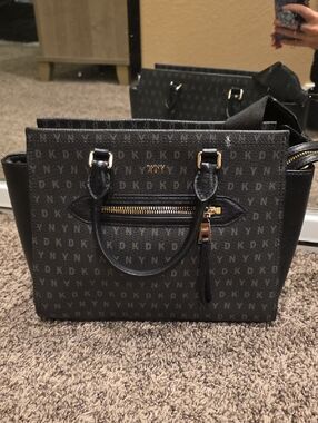 DKNY Black and Gray Logo Satchel with Gold Hardware